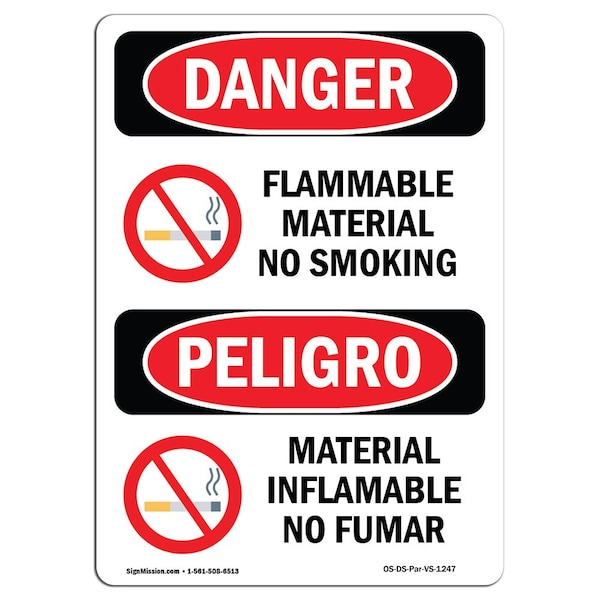 OSHA, Flammable Material No Smoking Bilingual, 14in X 10in Rigid Plastic, OS-DS-P-1014-VS-1247